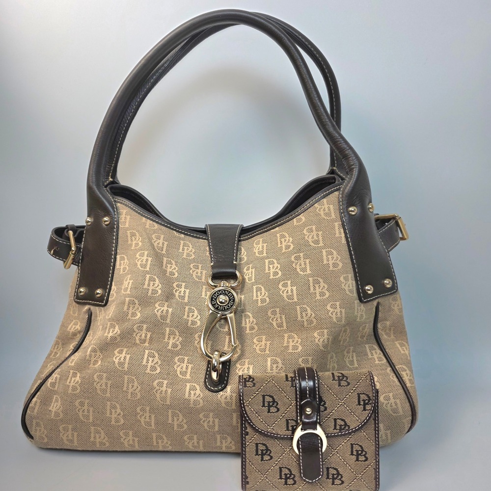 Vintage Dooney & Bourke Signature Monogram Canvas Hobo Bag and Wallet Set Brown